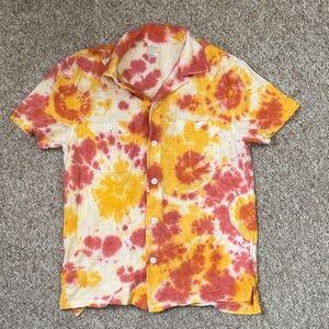 J. Crew Men’s Short-Sleeve Tie-Dye Casual Button-Down - Yellow & Red & Cream